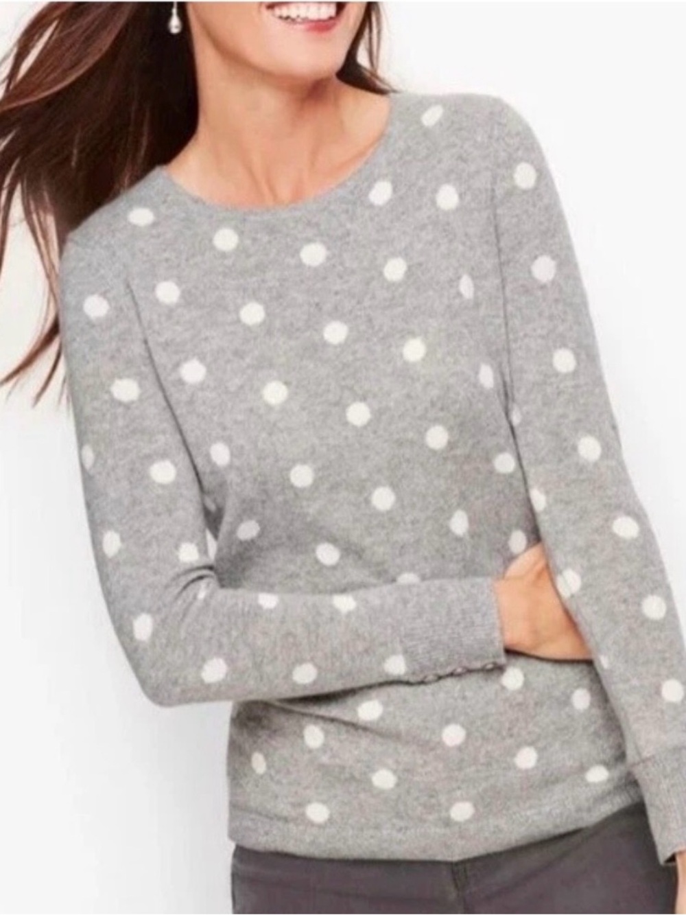 Talbots Gray Crewneck Sweater 100% cashmere with White Polka Dots
